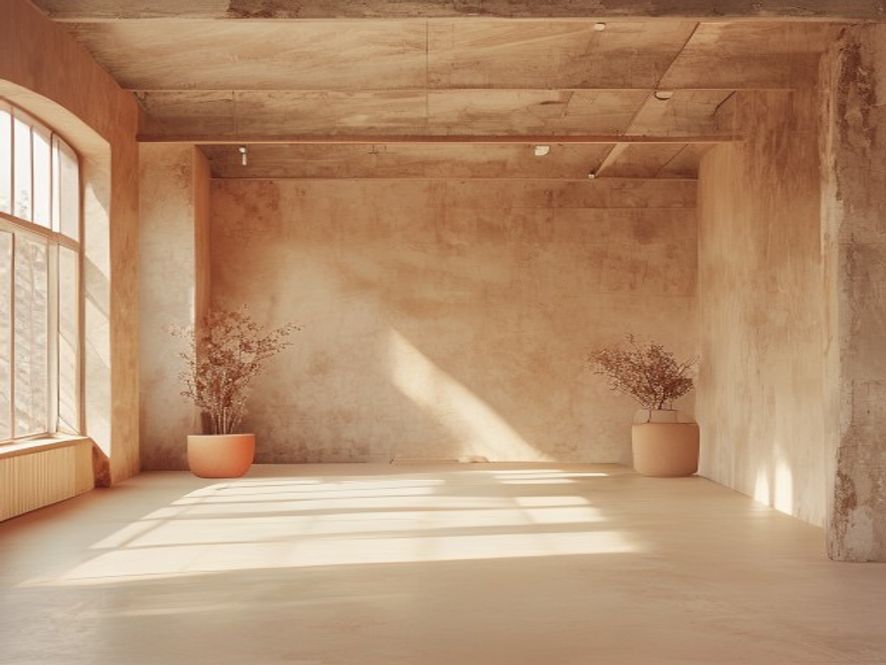 A diverse group in a light-filled studio space practicing bodyweight movements together